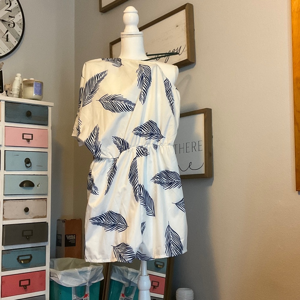 White and Blue Leaf Print Dress